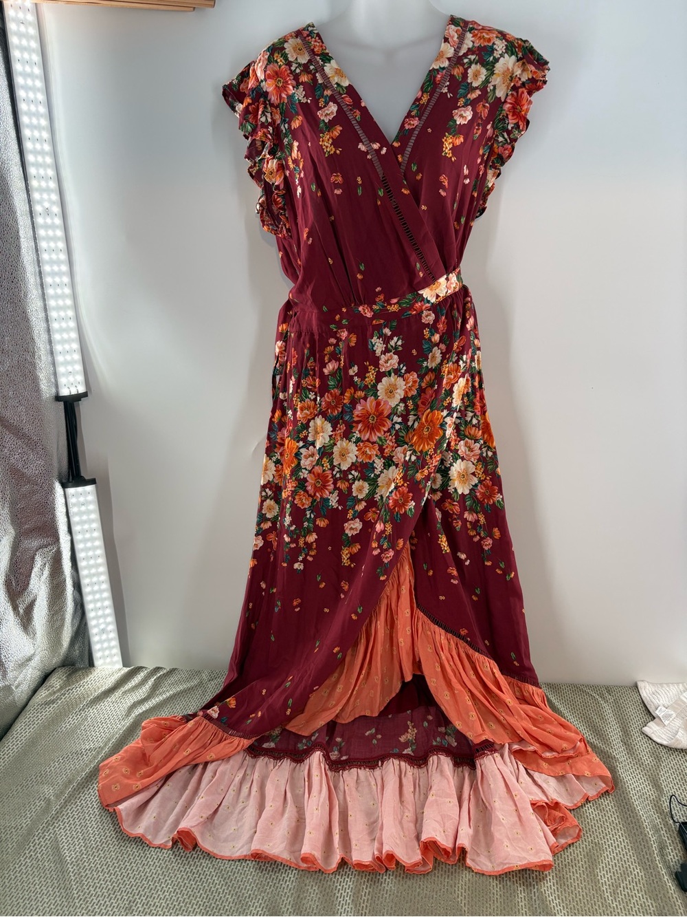 Anthropologie Burgundy Floral Maxi Dress with Coral Ruffle Hem